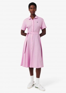 LACOSTE - Lacoste γυναικείο midi φόρεμα πόλο σεμιζιέ πικέ με κεντημένο λογότυπο Flared Cut - EF9621-00 Ροζ Ανοιχτό