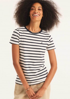 NAUTICA - Nautica γυναικείο T-shirt με ριγέ σχέδιο και κεντημένο λογότυπο Classic Fit - 37V010 Λευκό