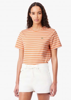 LACOSTE - Lacoste γυναικείο T-shirt με ριγέ σχέδιο και κεντημένο λογότυπο Regular Fit - TF7574-00 Πορτοκαλί