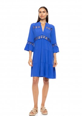 PINK LABEL - Pink Label γυναικείο mini καφτάνι με φάσες κιπούρ - BN-272 Μπλε Ηλεκτρίκ