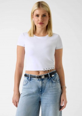 GUESS - Guess γυναικείο T-shirt και λεπτομέρειες με κόσμημα λογότυπο cropped Regular Fit - W6GP11K2933 Λευκό