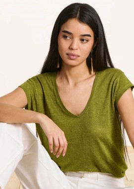 LA FEE MARABOUTEE - La Fée Maraboutée γυναικείο λινό T-shirt με V Straight Cut - FA-TS-DAVIA Πράσινο