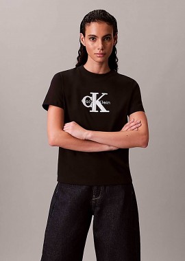 CALVIN KLEIN JEANS - Calvin Klein Jeans γυναικείο T-shirt μονόχρωμο με λογότυπο Regular Fit - LV047E819G Μαύρο