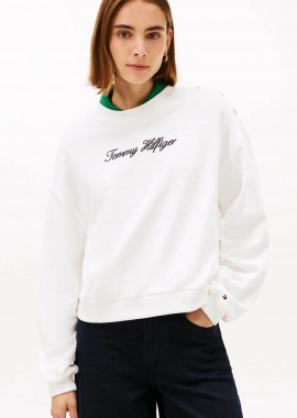 TOMMY HILFIGER - Tommy Hilfiger γυναικεία μπλούζα φούτερ με λογότυπο και διακοσμητικά κουμπιά στον ώμο Regular Fit - WW0WW48783 Εκρού