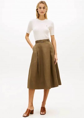 TOMMY HILFIGER - Tommy Hilfiger γυναικεία midi φούστα με ζώνη A-line - WW0WW49651 Λαδί