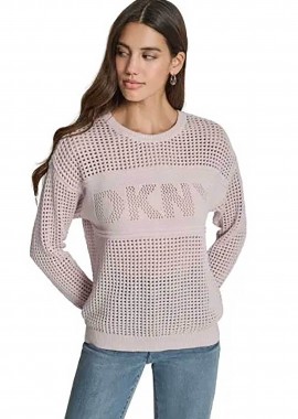 DKNY - DKNY γυναικείο πουλόβερ με διάτρητο σχέδιο και λογότυπο - DJ6R0962 Μπεζ